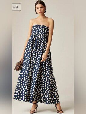 J.Crew Strapless Navy Polka Dot Maxi Dress Bow Back Size 2 NWT Cotton